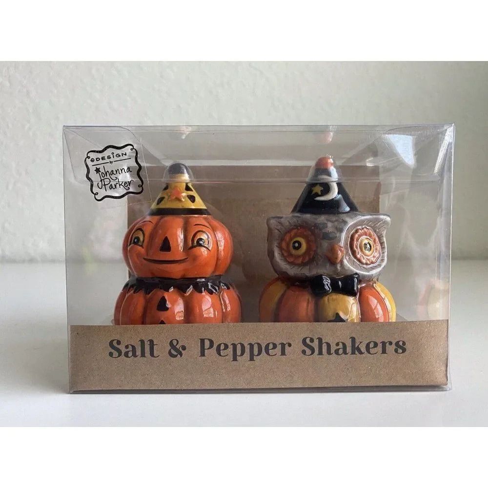 Johanna Parker Halloween Salt & Pepper Shakers Pumpkin & Owl Ceramic Collectible